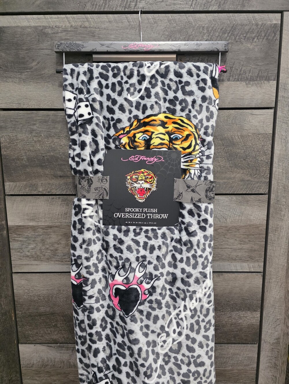 Ed Hardy Tiger Leopard Print Gray Plush Oversized Throw Blanket New